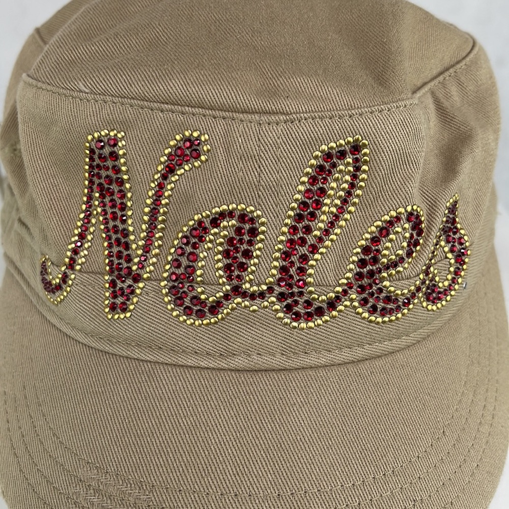 Distressed Red Crystal Gold Stud NOLES Florida State Hat Military Newsie Style